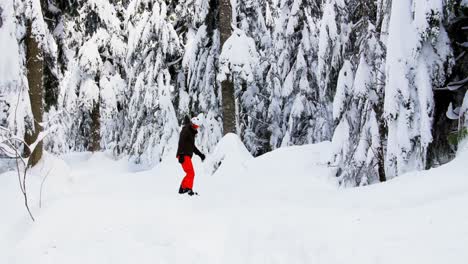 Mann-Beim-Snowboarden-Durch-Den-Wald-4k