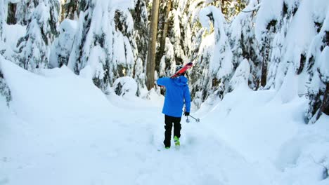 Vista-Trasera-De-Una-Persona-Caminando-Con-Snowboard-Y-Bastón-De-Esquí-4k
