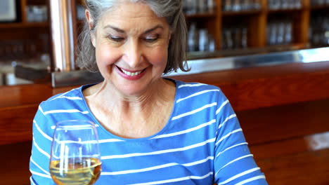 Ältere-Frau-Benutzt-Mobiltelefon,-Während-Sie-Wein-4k-Trinkt