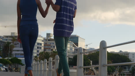 Couple-walking-hand-in-hand-at-beach-4k