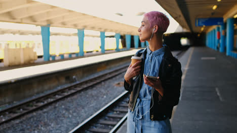 Pink-hair-woman-listening-music-on-mobile-phone-4k
