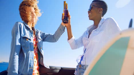 Female-friends-toasting-beer-bottle-in-the-car-4k