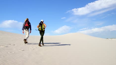 Pareja-Con-Mochila-Caminando-En-El-Desierto-4k