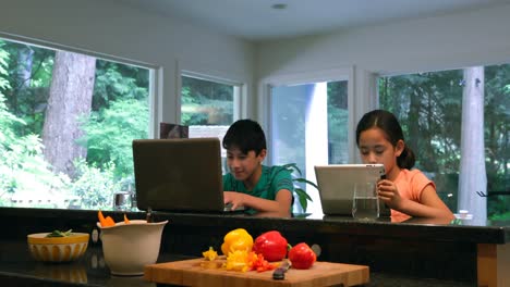 Niños-Usando-Laptop-Y-Tableta-Digital-En-La-Sala-De-Estar-4k