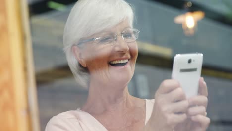 Glückliche-ältere-Frau,-Die-Die-Nachricht-Auf-Dem-Mobiltelefon-4k-Liest