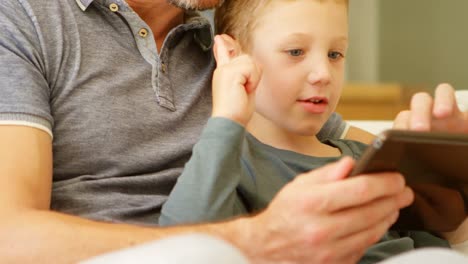 Father-and-son-using-digital-tablet-on-sofa-at-home-4k