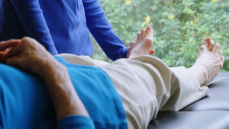 Physiotherapist-giving-knee-therapy-to-senior-woman-4k