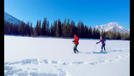 Skier-couple-running-on-snowy-landscape-4k