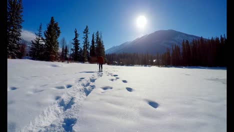 Man-walking-on-snowy-landscape-during-winter-4k
