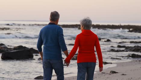 Senior-couple-walking-hand-in-hand-in-the-beach-4k