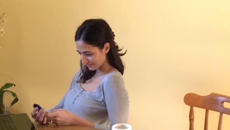 Smiling-woman-with-her-laptop-sending-a-text-message