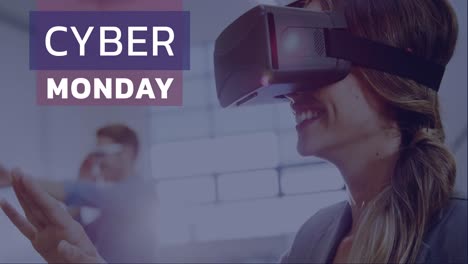 Cyber-Monday-text-and-woman-using-virtual-reality-headset-4k