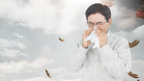 Falling-autumn-leaves-and-man-sneezing-while-suffering-from-allergy-4k