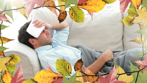 Frame-of-leaves-and-man-suffering-from-fever-4k