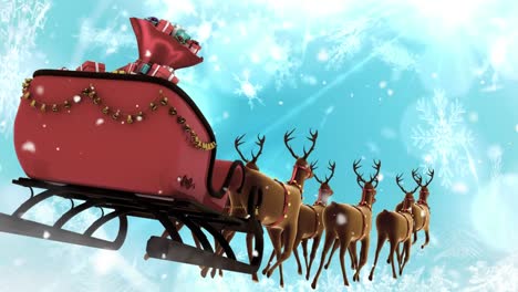 Weihnachtsmann-Im-Schlitten-Mit-Rentieren,-Die-Mit-Schneeflocken-Fliegen