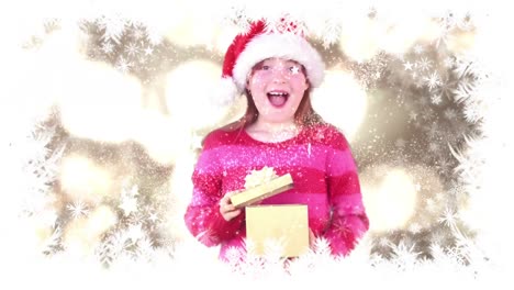 Santa-Girl-öffnet-Geschenk-Mit-Schneeflockenrand