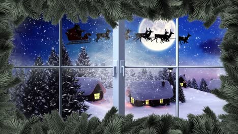 Santa-flying-in-sleigh-with-reindeer-and-Christmas-tree-border-with-Winter-landscape
