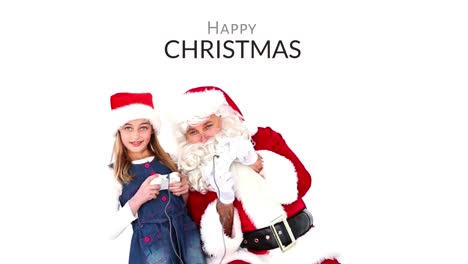 Happy-Christmas-text-and-Santa-playing-computer-game-console-with-girl