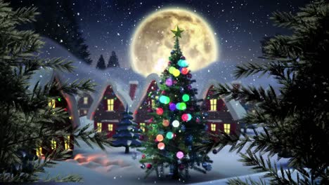árboles-De-Navidad-En-El-Pueblo-De-Invierno-Con-Luna