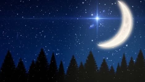 Nieve-Que-Cae-Y-Cielo-Estrellado-De-La-Noche-De-Navidad-Con-Luna-Creciente.