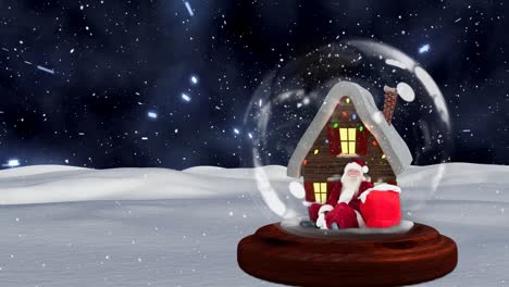 Cute-Christmas-animation-of-hut-and-Santa-Claus-in-snow-globe-against-space-background-4k