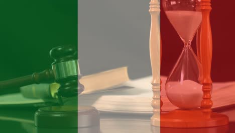 Digitally-animation-of-Italian-Flag,-hour-glass-and-gavel-4k