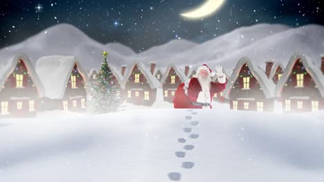 Weihnachtsmann-Vor-Geschmückten-Häusern-In-Winterlandschaft-Kombiniert-Mit-Fallendem-Schnee