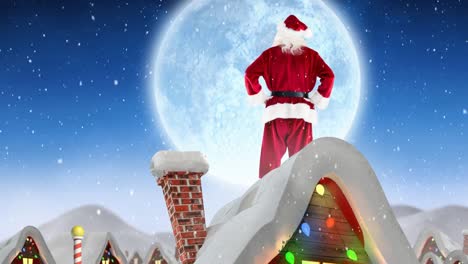 Weihnachtsmann-Auf-Dem-Dach-Eines-Dekorierten-Hauses-Kombiniert-Mit-Fallendem-Schnee