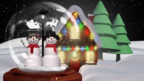 Cute-Christmas-animation-of-snowman-couple-against-Santa-Claus-sledge-in-background-4k