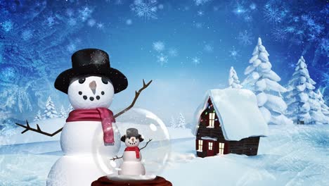 Christmas-animation-of-hut-and-snowman-in-magical-forest-against-snowflake-background-4k