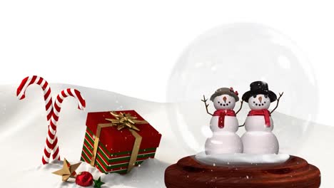 Cute-Christmas-animation-of-snowman-couple-and-Christmas-gift-in-snowy-landscape-4k