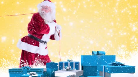 Weihnachtsmann-Mit-Blauen-Geschenken-Kombiniert-Mit-Fallendem-Schnee