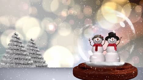 Cute-Christmas-animation-of-snowman-couple-against-bokeh-background-4k