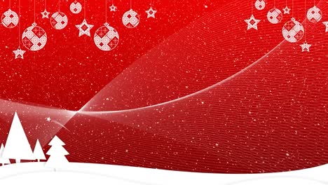 Digitale-Animation-Einer-Weihnachtslandschaft-Mit-Dekoration-Auf-Rotem-Hintergrund-4k
