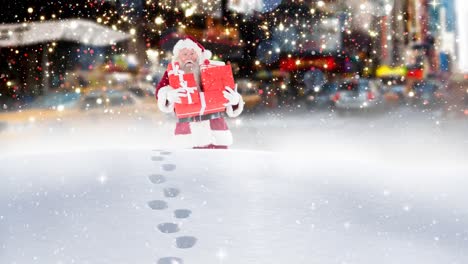 Santa-clause-walking-through-high-snow-combined-with-falling-snow