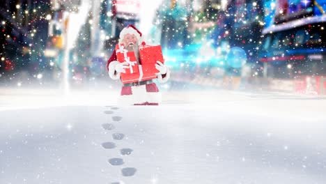 Santa-clause-wandering-through-high-snow-combined-with-falling-snow