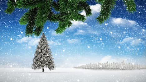 Weihnachtsbaum-In-Winterlandschaft-Und-Fallendem-Schnee