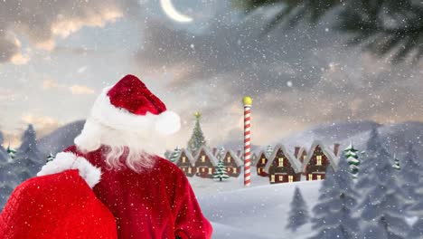 Santa-clause-in-front-of-decorated-houses-combined-with-falling-snow