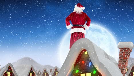 Weihnachtsmann-Auf-Einem-Dach-In-Winterlandschaft-Kombiniert-Mit-Fallendem-Schnee