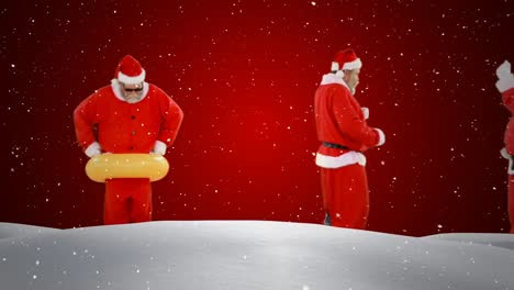 Video-composition-with-falling-snow-over-group--santas-against-red