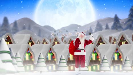 Weihnachtsmann-Vor-Geschmückten-Häusern-Kombiniert-Mit-Fallendem-Schnee