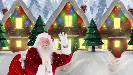 Santa-clause-in-front-of-decorated-houses-combined-with-falling-snow