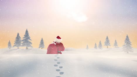 Der-Weihnachtsmann-Wandert-Durch-Die-Schneelandschaft,-Kombiniert-Mit-Fallendem-Schnee