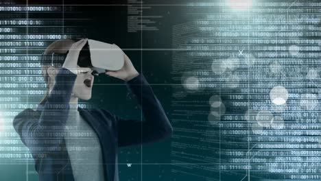 Code-and-technology-interface-with-virtual-reality-headset-on-businesswoman