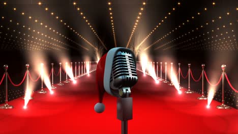 Microphone-with-flashing-lights-and-red-carpet-and-Santa-hat