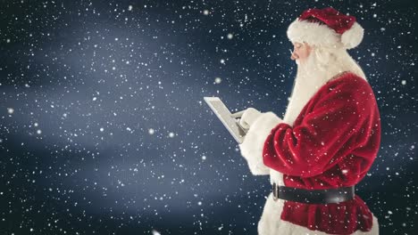 Der-Weihnachtsmann-Interagiert-Mit-Seinem-Tablet,-Kombiniert-Mit-Fallendem-Schnee