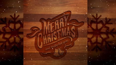 Video-composition-with-snow-over-Christmas-greeting-on-wood