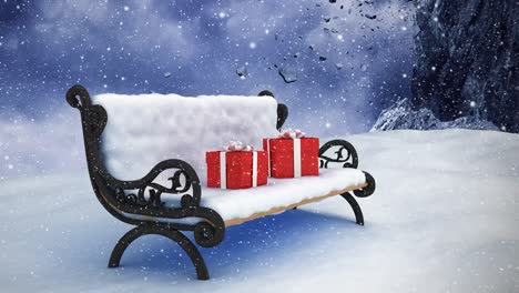 Bench-in-winter-scenery-and-falling-snow