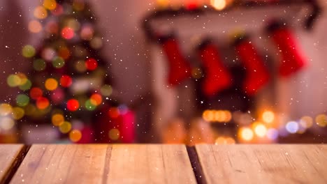 Blurred-background-of-a-living-room-decorated-for-christmas-combined-with-falling-snow