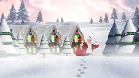 Weihnachtsmann-Vor-Geschmückten-Häusern-In-Winterlandschaft-Kombiniert-Mit-Fallendem-Schnee